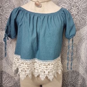 AGACI Denim and Lace Off the Shoulder Crop Top Size Large